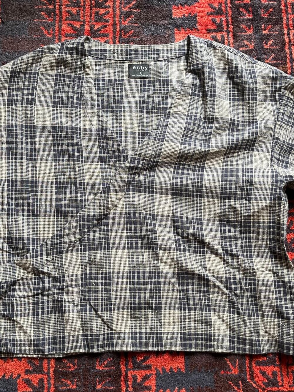 Esby Navy Natural Plaid Linen Cotton Naomi Boxy Top Sz Small Blue Tan Oversized